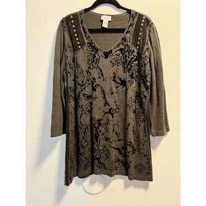 Soft Surroundings Velvet Burnout Brown Grey Studded V Neck Tunic Size XL